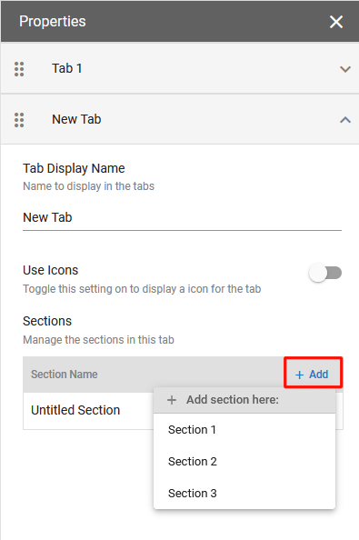 Tabs Sections Add Section