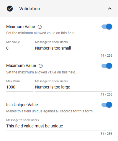 Form Editor Field Properties Validation