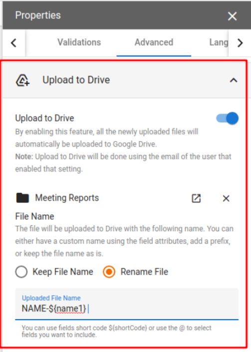 Form Editor Field Properties Upload to Drive